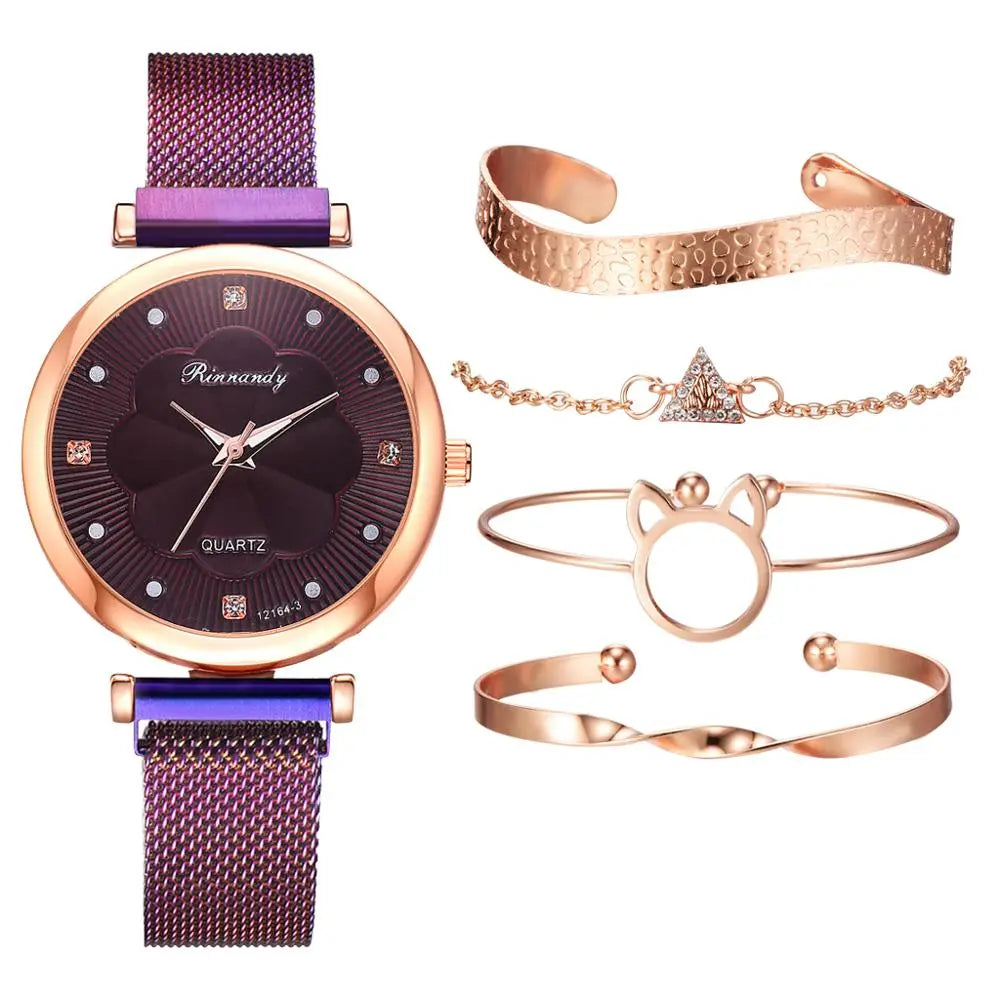 Conjunto de 5 uds de relojes de moda para Mujer, Reloj de pulsera de cuarzo con hebilla magnética y diamantes de imitación de flores, conjunto de pulsera para Mujer