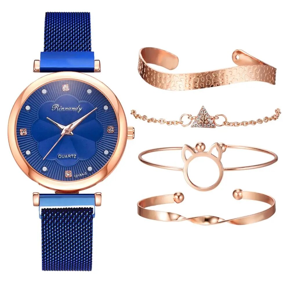 Conjunto de 5 uds de relojes de moda para Mujer, Reloj de pulsera de cuarzo con hebilla magnética y diamantes de imitación de flores, conjunto de pulsera para Mujer