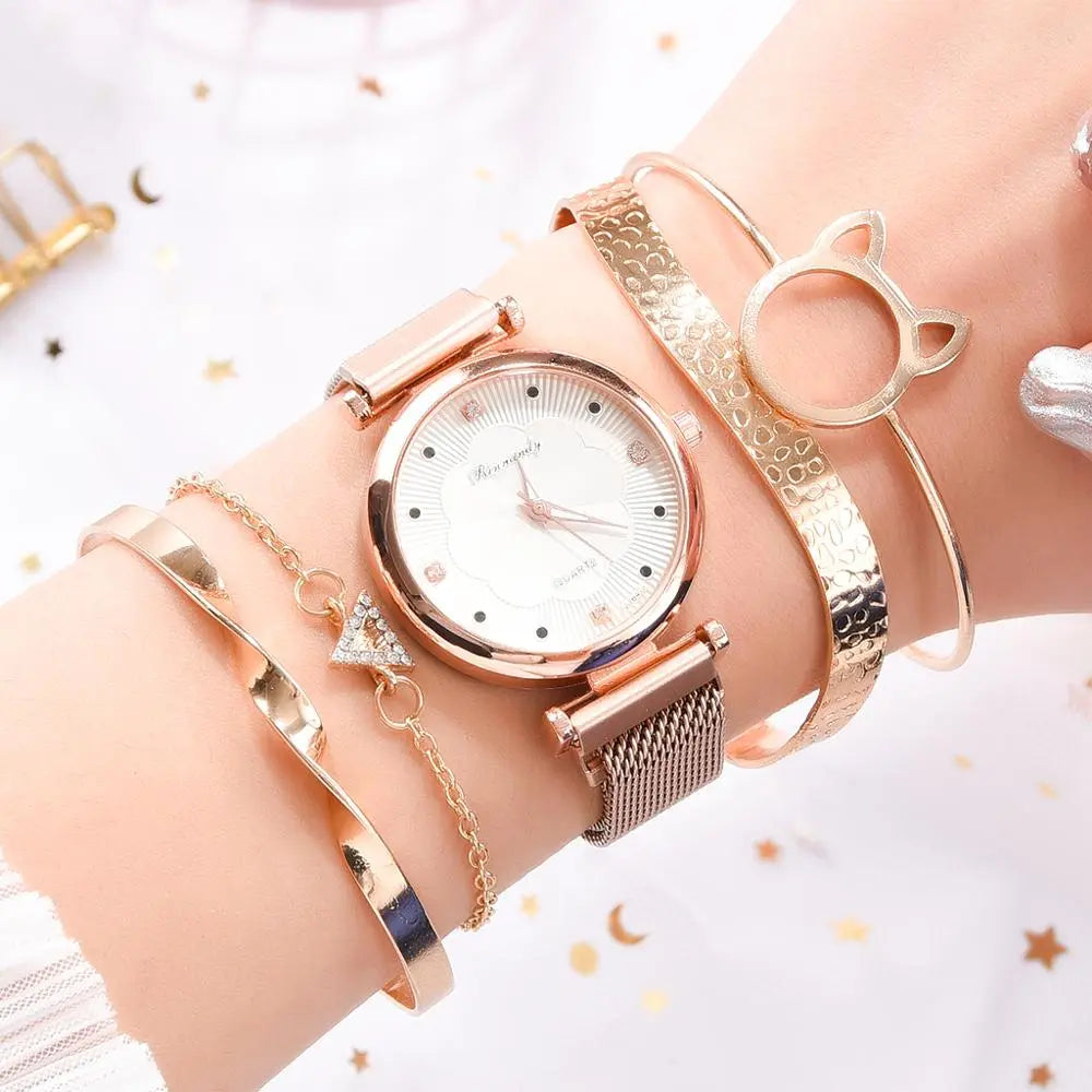 Conjunto de 5 uds de relojes de moda para Mujer, Reloj de pulsera de cuarzo con hebilla magnética y diamantes de imitación de flores, conjunto de pulsera para Mujer