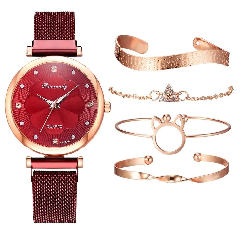 Conjunto de 5 uds de relojes de moda para Mujer, Reloj de pulsera de cuarzo con hebilla magnética y diamantes de imitación de flores, conjunto de pulsera para Mujer