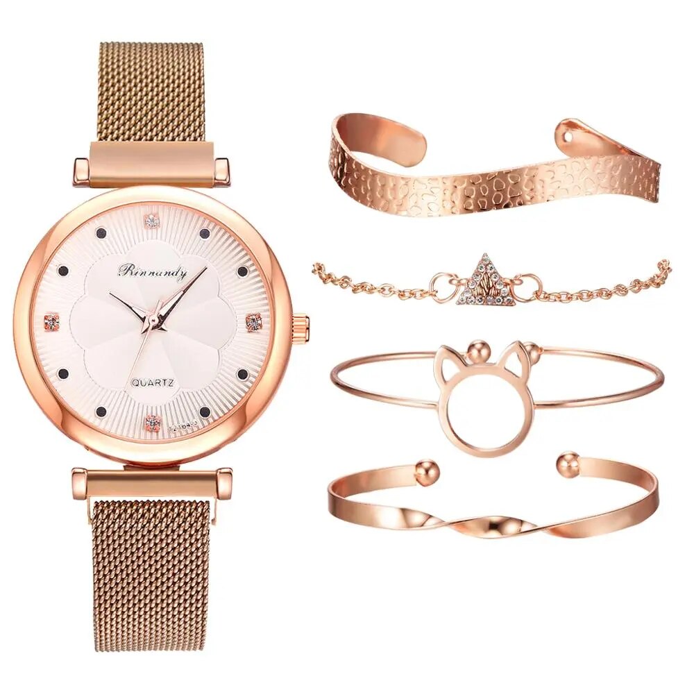 Conjunto de 5 uds de relojes de moda para Mujer, Reloj de pulsera de cuarzo con hebilla magnética y diamantes de imitación de flores, conjunto de pulsera para Mujer