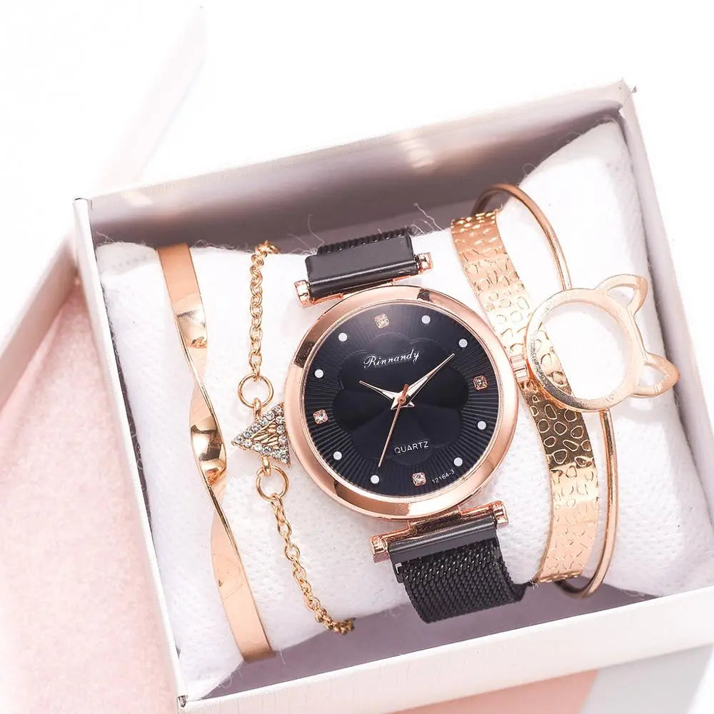 Conjunto de 5 uds de relojes de moda para Mujer, Reloj de pulsera de cuarzo con hebilla magnética y diamantes de imitación de flores, conjunto de pulsera para Mujer