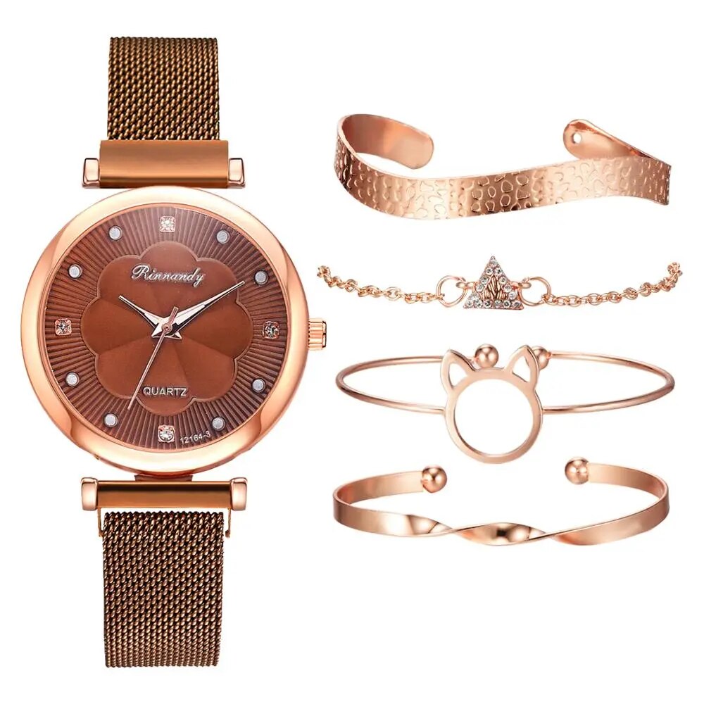 Conjunto de 5 uds de relojes de moda para Mujer, Reloj de pulsera de cuarzo con hebilla magnética y diamantes de imitación de flores, conjunto de pulsera para Mujer