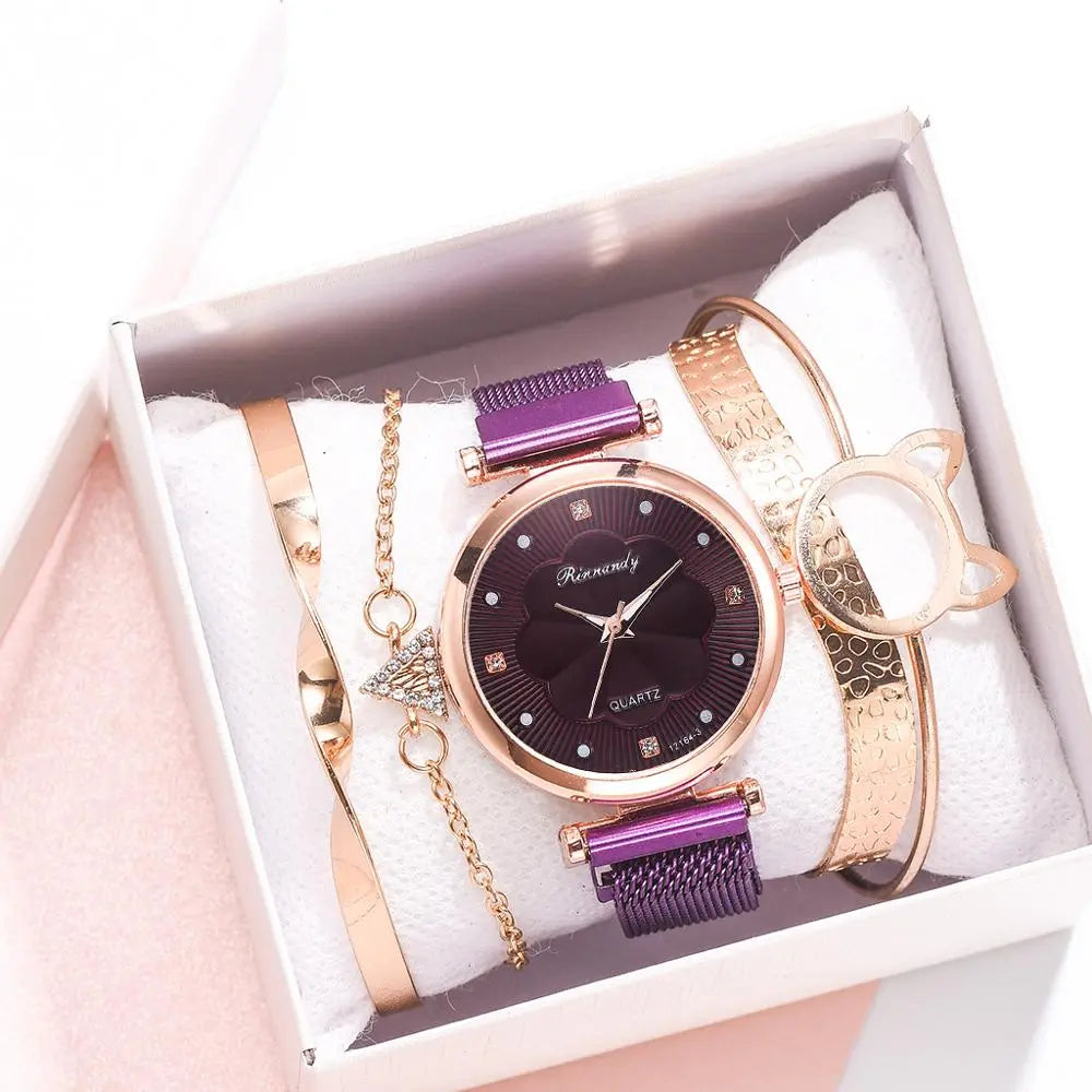 Conjunto de 5 uds de relojes de moda para Mujer, Reloj de pulsera de cuarzo con hebilla magnética y diamantes de imitación de flores, conjunto de pulsera para Mujer