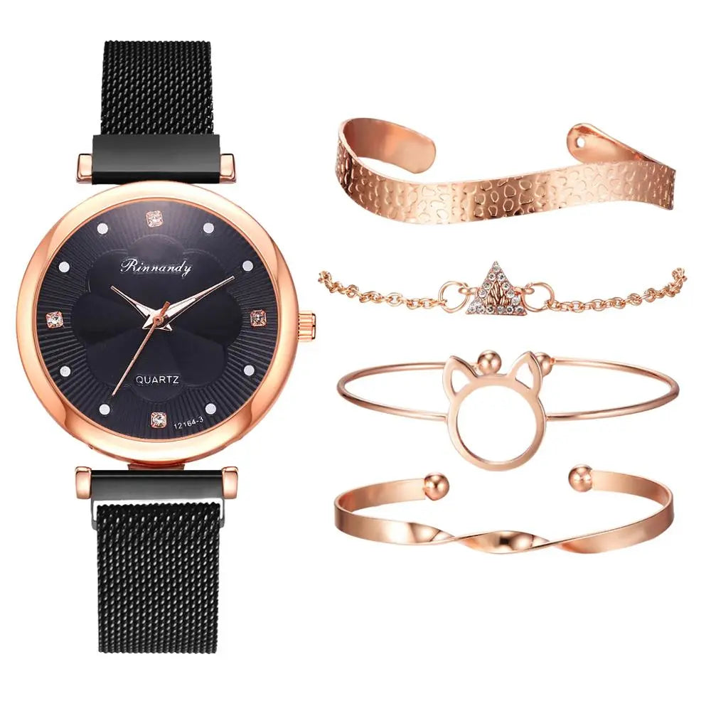 Conjunto de 5 uds de relojes de moda para Mujer, Reloj de pulsera de cuarzo con hebilla magnética y diamantes de imitación de flores, conjunto de pulsera para Mujer