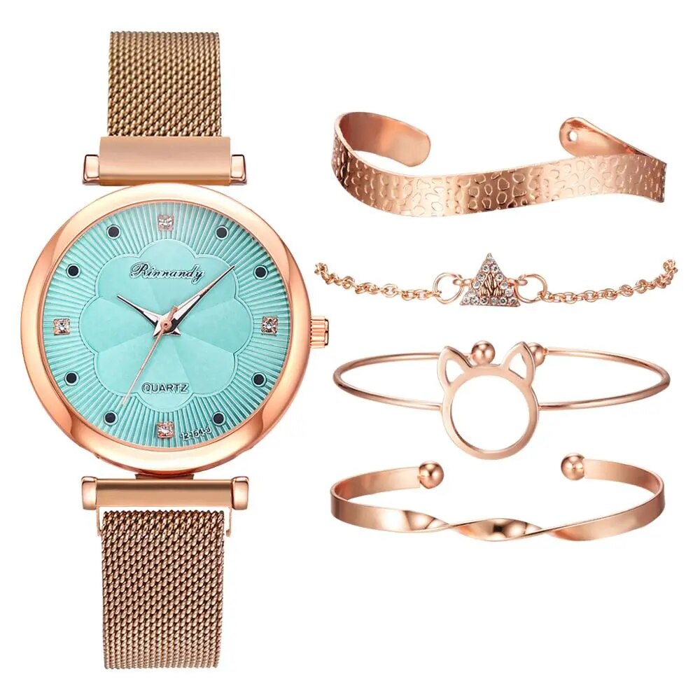 Conjunto de 5 uds de relojes de moda para Mujer, Reloj de pulsera de cuarzo con hebilla magnética y diamantes de imitación de flores, conjunto de pulsera para Mujer