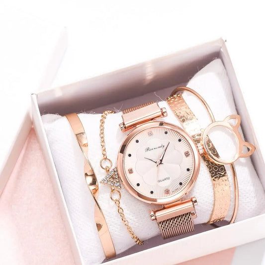 Conjunto de 5 uds de relojes de moda para Mujer, Reloj de pulsera de cuarzo con hebilla magnética y diamantes de imitación de flores, conjunto de pulsera para Mujer